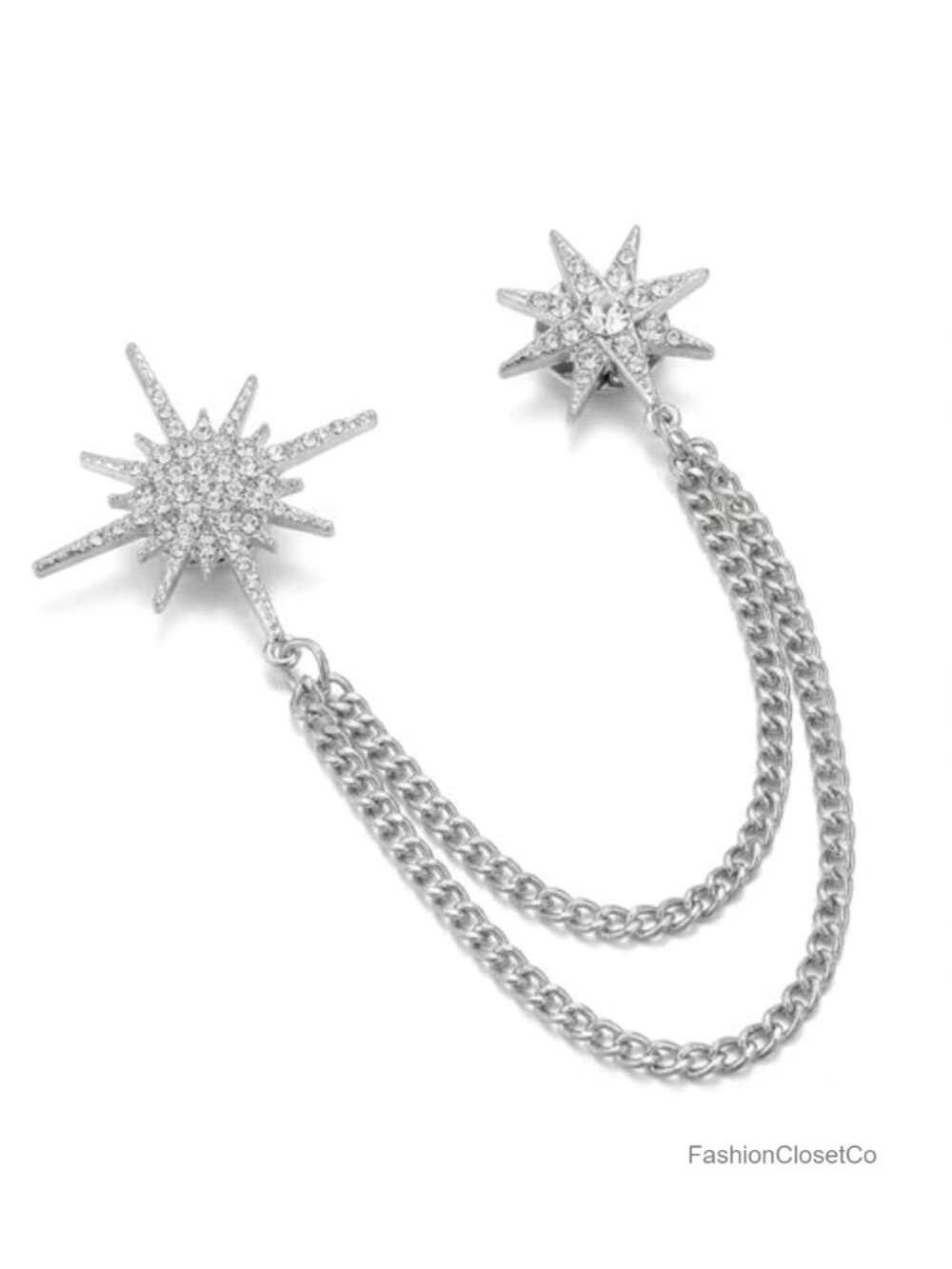 Silver Tone Rhinestone Star Brooch Lapel Pin Chain Cardigan Collar Clip